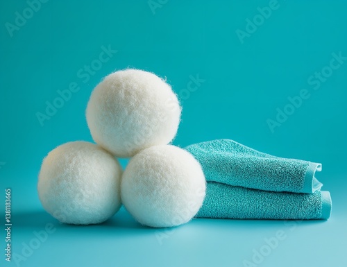 Three white wool balls with folded blue towel on white background