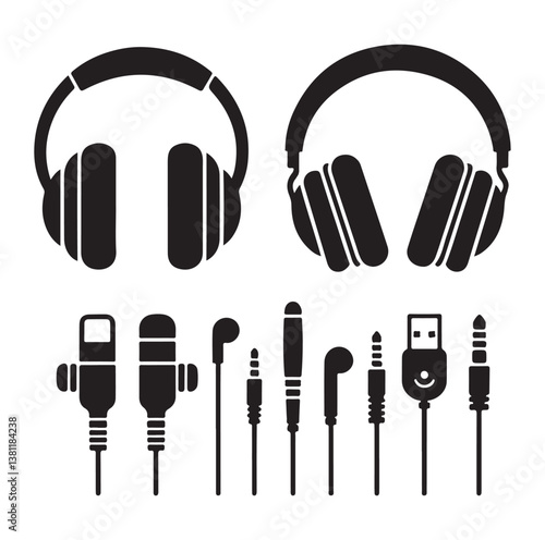 Headphone earphone silhouette black and white icon set vector and illustration design.