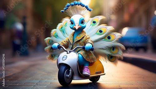 Niedlicher Pfau auf Roller