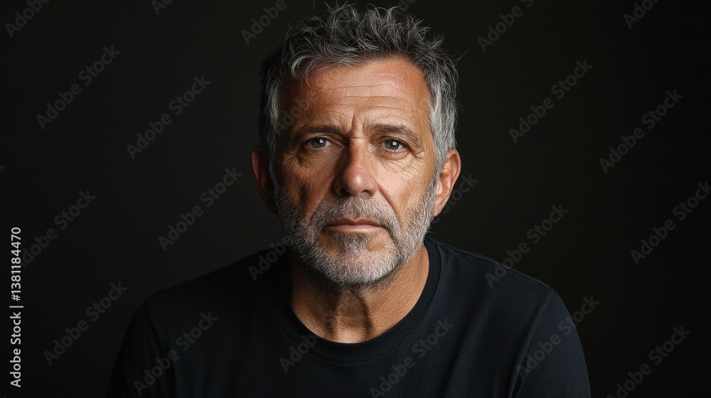 Portrait of a mature man, serious expression, dark background, intense gaze, contemplative mood, thoughtful, deep look, age, wisdom, life experience. Portrait of a mature man, serious expression, dark background, intense gaze, contemplative mood, thoughtful, deep look, age, wisdom, life experience.