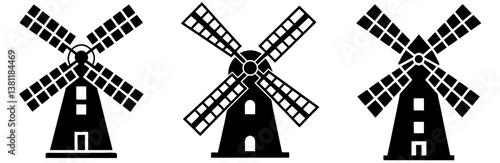 Windmill Silhouette Vector Art on White Background