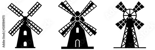 Windmill Silhouette Vector Art on White Background