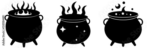  Witches Cauldron Silhouette Vector Art Set on White Background