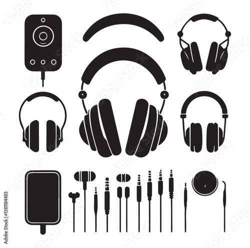 Headphone earphone silhouette black and white icon set vector and illustration design.