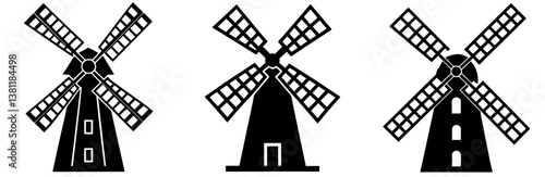 Windmill Silhouette Vector Art on White Background