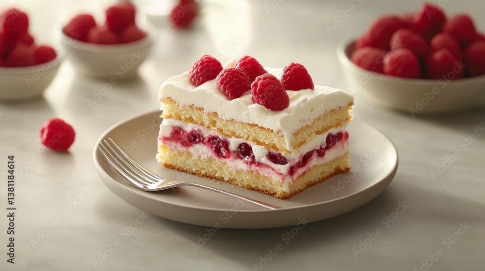 Layered Raspberry Cake with Creamy Frosting on Gray Plate Layered Raspberry Cake with Creamy Frosting on Gray Plate