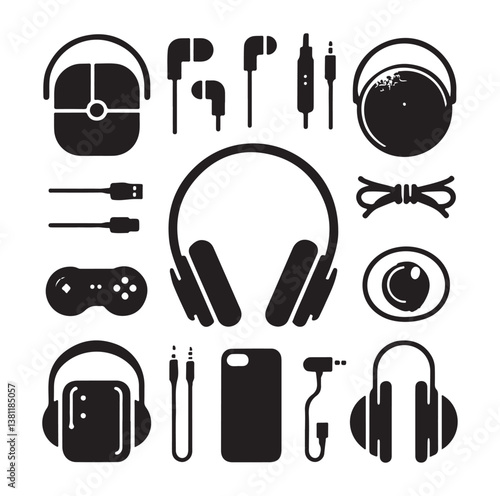Headphone earphone silhouette black and white icon set vector and illustration design.