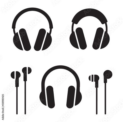 Headphone earphone silhouette black and white icon set vector and illustration design.
