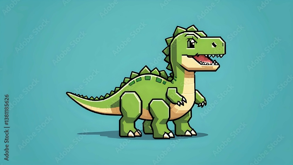 Obraz premium Adorable pixel art baby T-Rex dinosaur illustration, perfect for kids' projects, games, or branding. Green dinosaur on teal background.