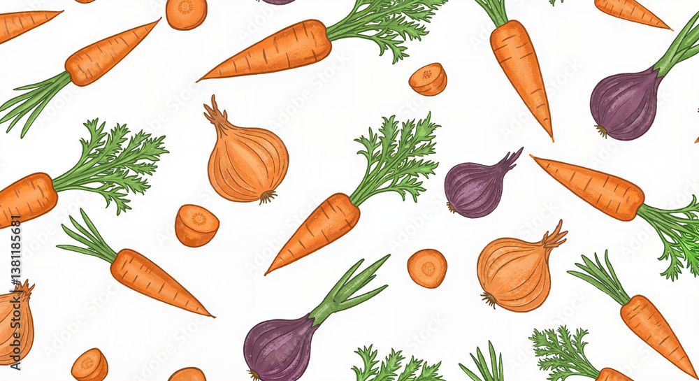 Colorful Vegetable Pattern Illustrating Carrots and Onions Colorful Vegetable Pattern Illustrating Carrots and Onions