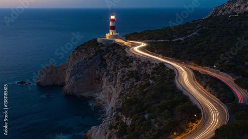 A lighthouse with red and white stripes stands on a rocky cliff by the sea at dusk.