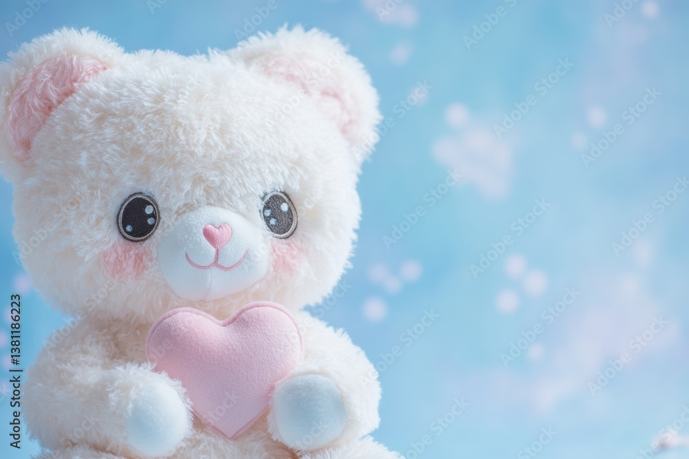 Cute white teddy bear with pink heart on soft blue background Cute white teddy bear with pink heart on soft blue background