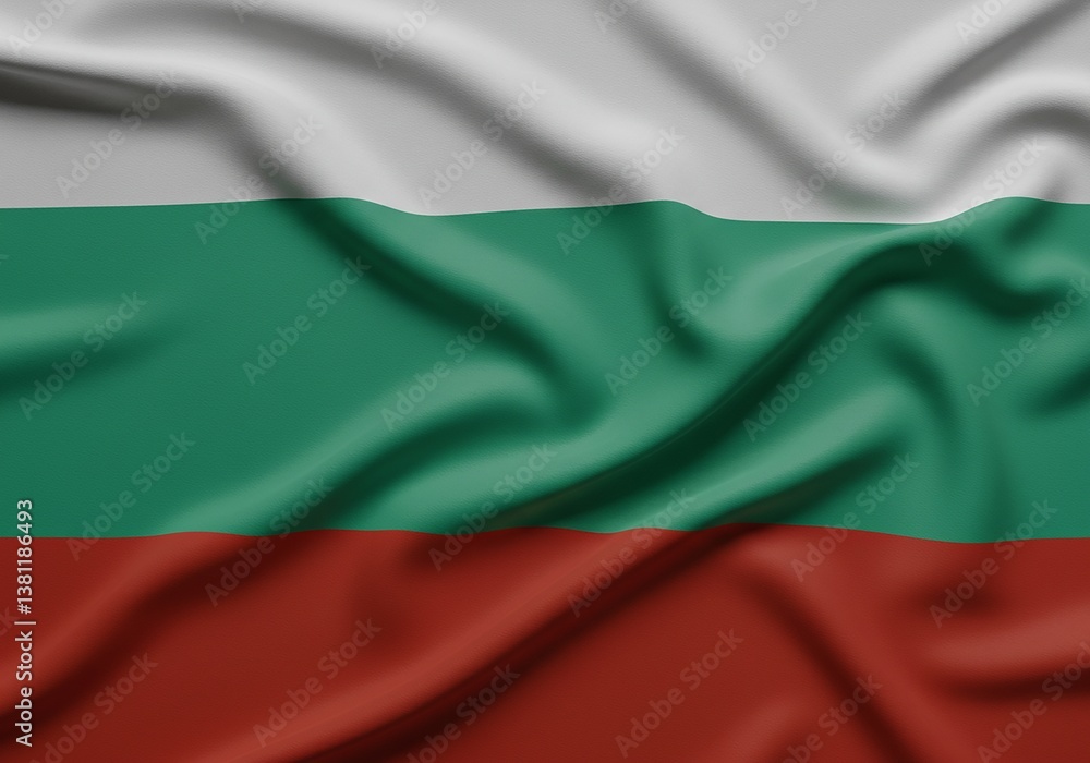 Obraz premium Bulgarian Flag Close-up of Waving Fabric with White, Green, and Red Stripes. National Symbol of Bulgaria.