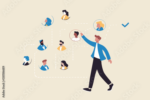 Reorganization or reorg to adjust, allocate resources, change team structure for efficiency, restructure organization, department and job roles concept, businessman ceo reorganize employee role chart.