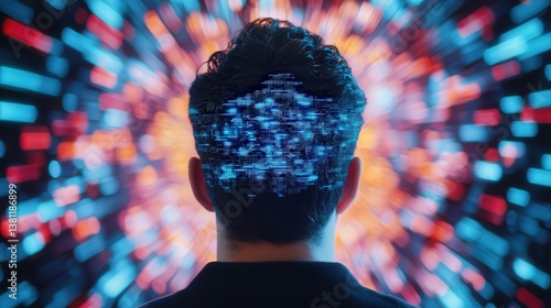 A person with a digital, pixelated brain is surrounded by vibrant, colorful lights, creating a sense of motion and technological innovation.