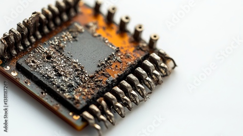 A close-up shows a damaged integrated circuit.  The old, discolored chip, with its many metallic pins, is sharply detailed against a white background