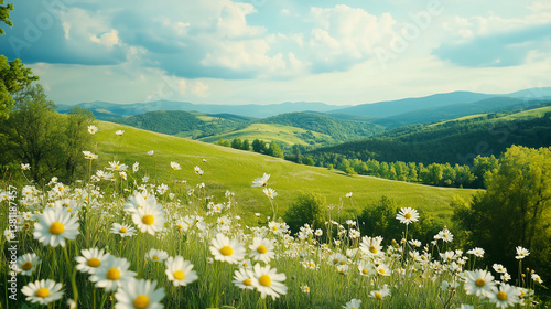 Fototapeta Naklejka Na Ścianę i Meble -  Beautiful summer day wallpaper, view on green landscape with wild summer flowers and trees enchanting hillside. Mockup or background for publicity poster, agriculture or environmental theme. Summer