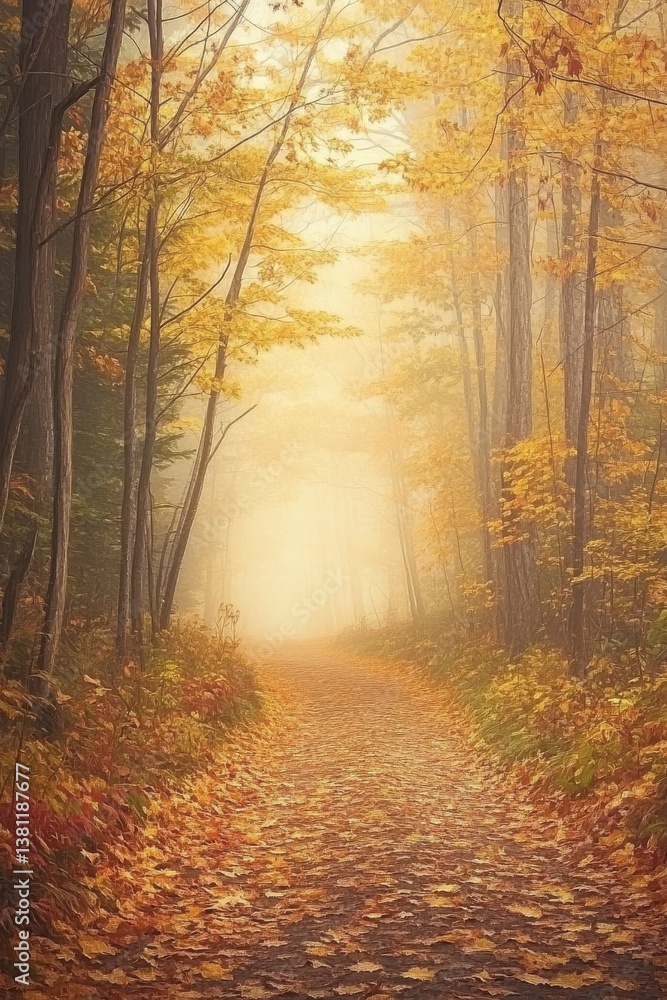 Obraz premium Misty Autumn Forest Path with Golden Leaves