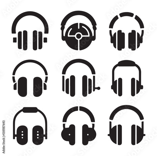 Headphone earphone silhouette black and white icon set vector and illustration design.