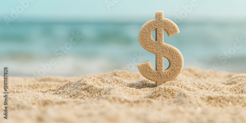 A dollar symbol on the sand of a tropical coastal beach. Creative concept of summer tour price hike, travel prices, Holiday vacation budget planning