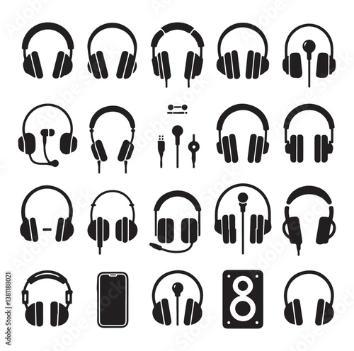 Headphone earphone silhouette black and white icon set vector and illustration design.