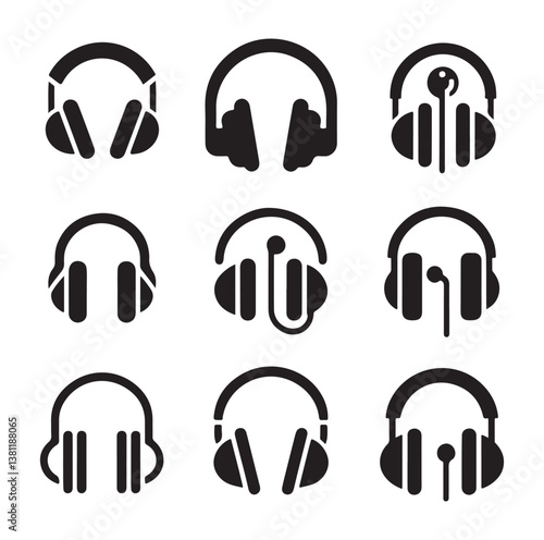 Headphone earphone silhouette black and white icon set vector and illustration design.