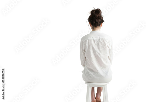 A woman sitting on a white stool with her back to the viewer wearing a white button down shirt on transparent background