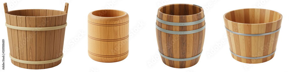 Obraz premium Four wooden buckets and tubs with varied construction.