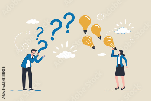 Question and answer, FAQ frequently asked questions, asking and reply to solve problem, help information, solution or q and a session concept, business people with question mark and lightbulb bubble.