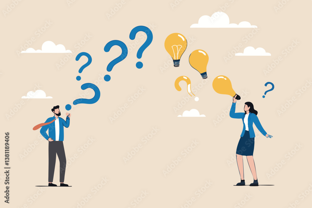 Question and answer, FAQ frequently asked questions, asking and reply to solve problem, help information, solution or q and a session concept, business people with question mark and lightbulb bubble. Question and answer, FAQ frequently asked questions, asking and reply to solve problem, help information, solution or q and a session concept, business people with question mark and lightbulb bubble.