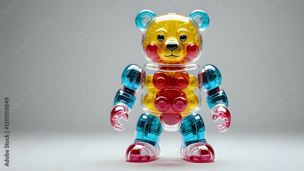Fototapeta premium Colorful transparent robot teddy bear toy, vibrant design, studio shot.