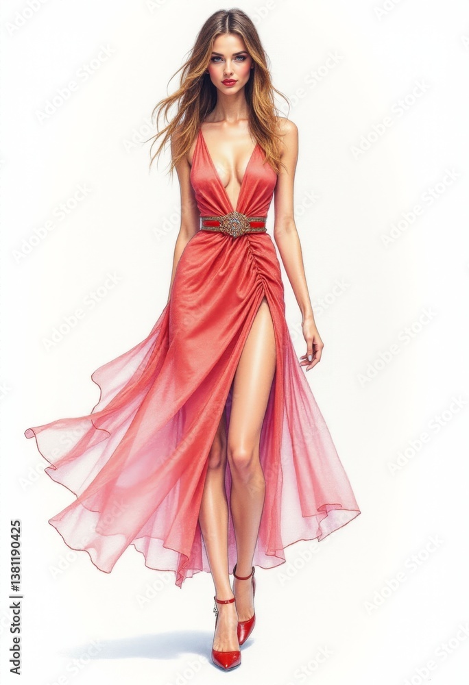 A woman in a red dress with a thigh high slit A woman in a red dress with a thigh high slit