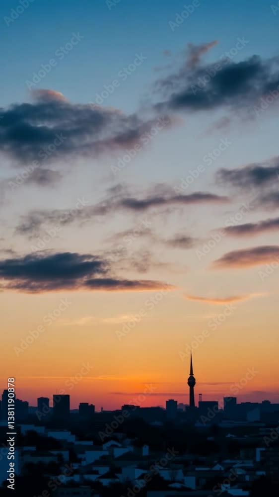 Sunset over a city skyline with clouds and a tower silhouette against a colorful sky Sunset over a city skyline with clouds and a tower silhouette against a colorful sky
