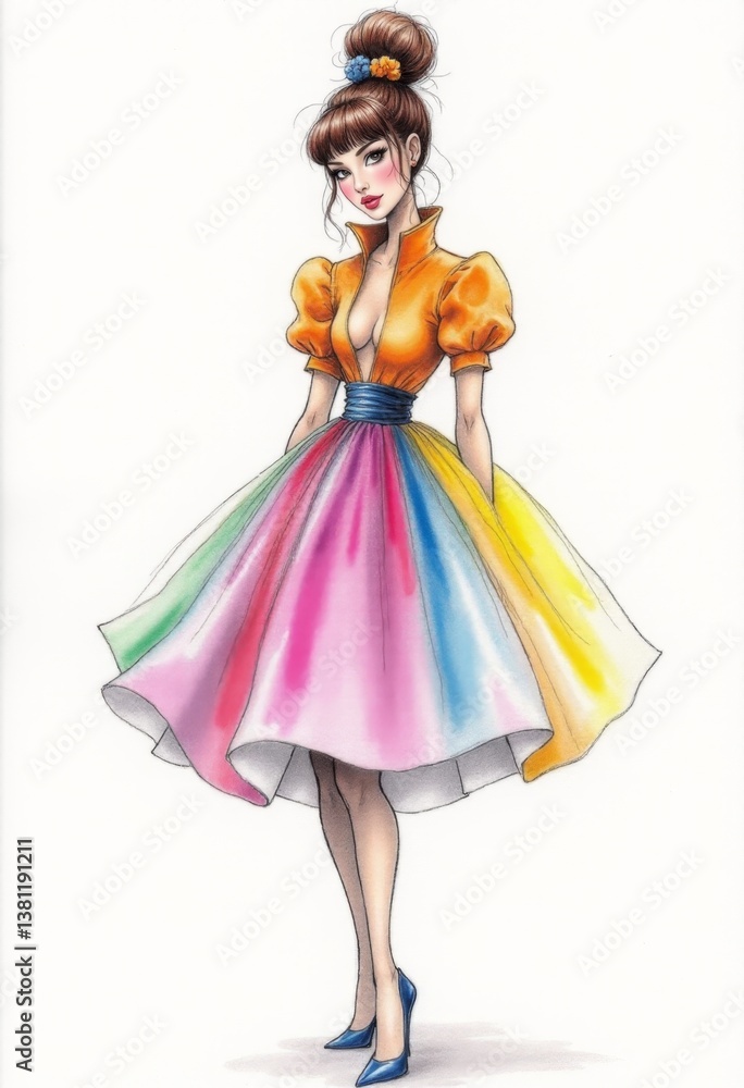 A drawing of a woman in a colorful dress A drawing of a woman in a colorful dress