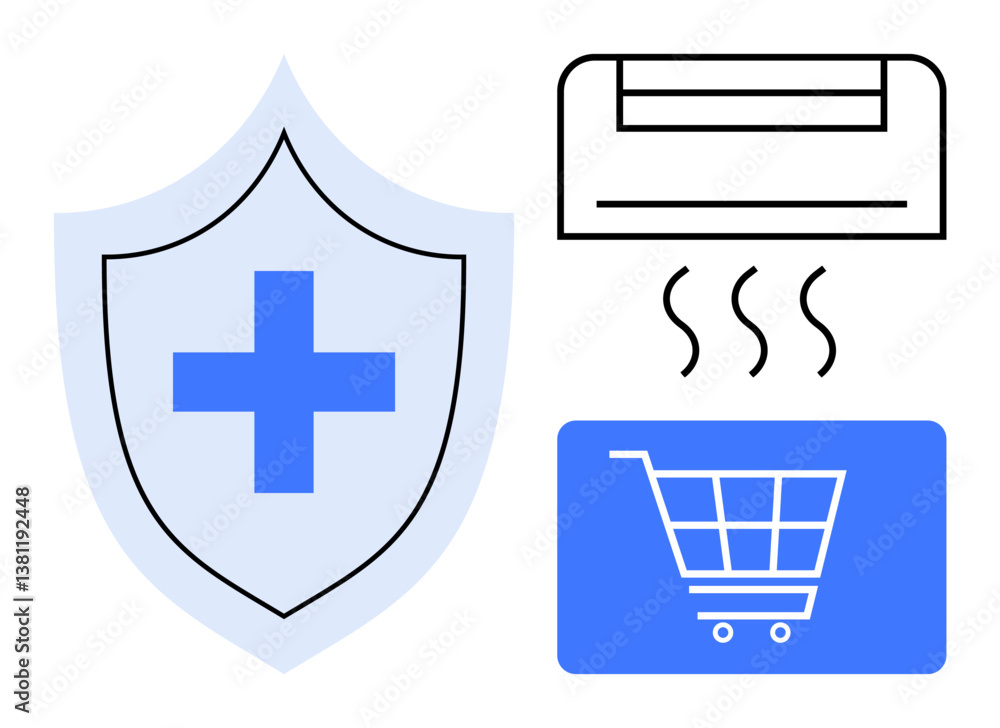 Obraz premium Blue healthcare shield with a cross, air conditioner with airflow, and digital shopping cart icon. Ideal for safety, comfort, health, e-commerce, online buying technology modern lifestyle. Clean