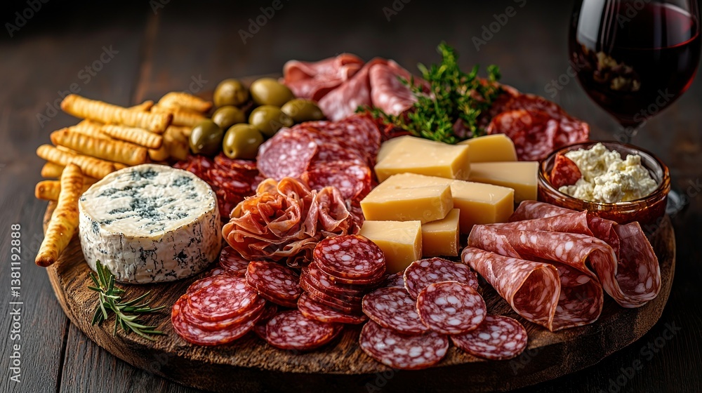 Gourmet charcuterie board with cheeses, cured meats, olives, and crackers Gourmet charcuterie board with cheeses, cured meats, olives, and crackers