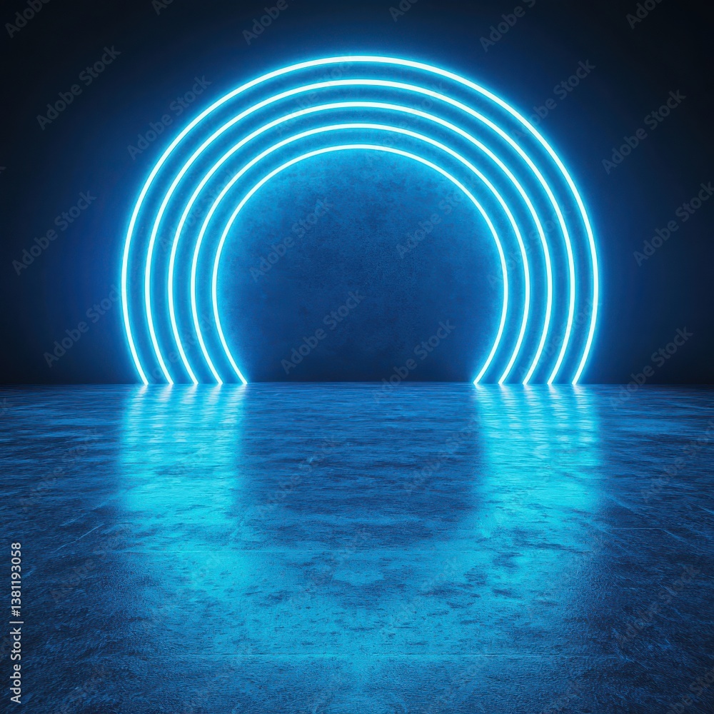 Obraz premium A striking blue neon archway illuminates a dark space, reflecting beautifully on a smooth surface, creating a futuristic ambiance.