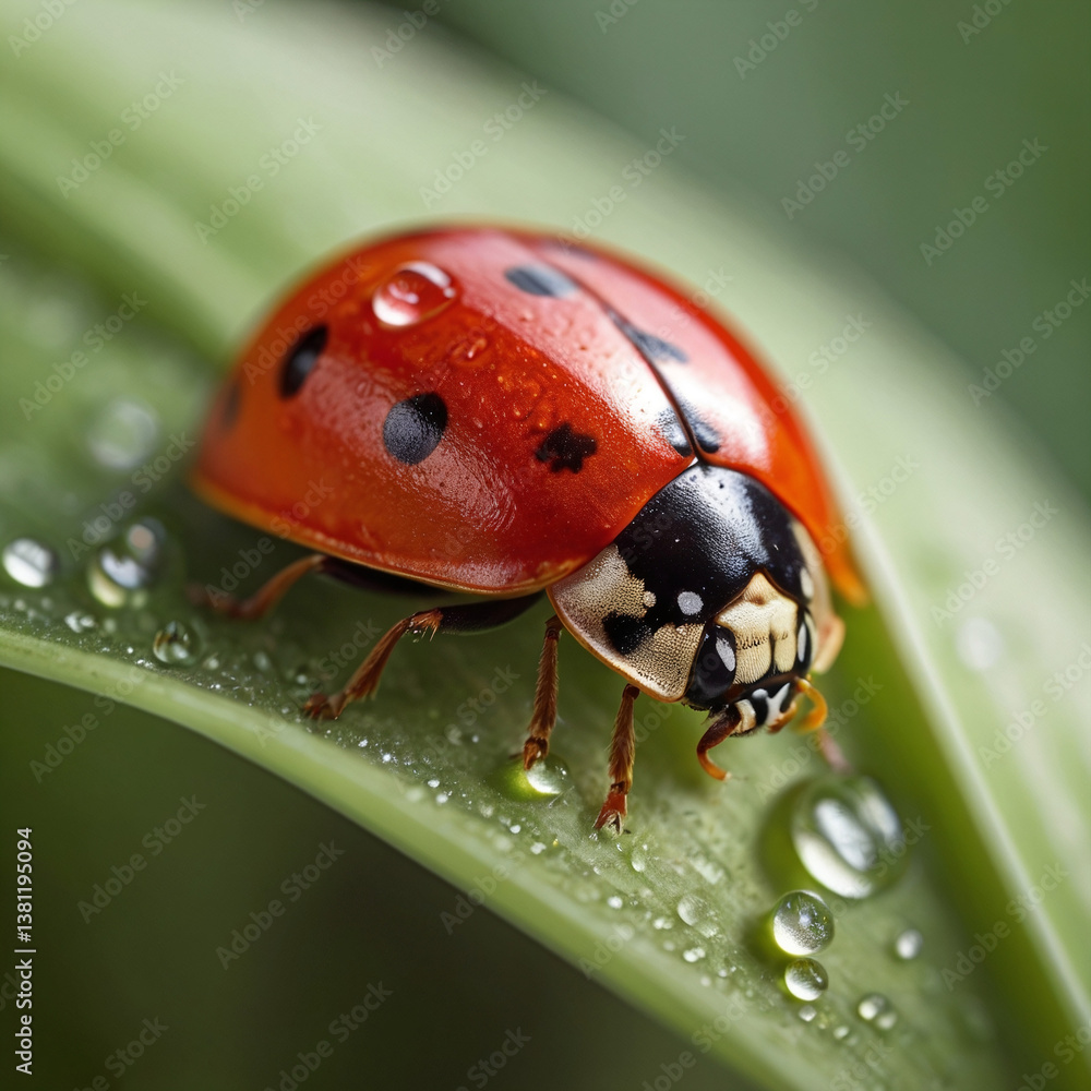 Obraz premium Macro Photo of a Ladybug on a Green Leaf