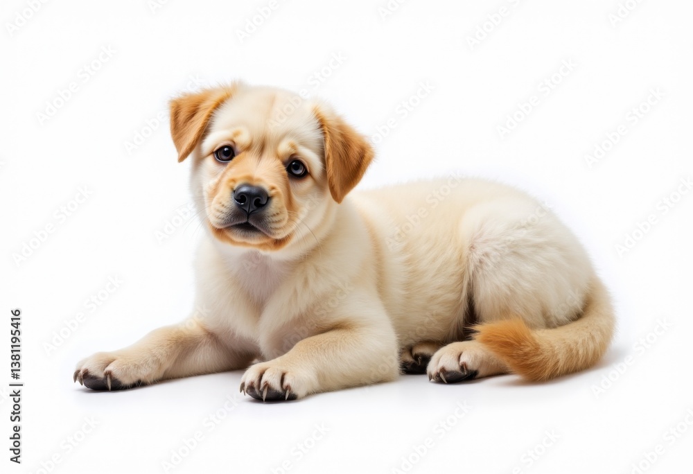 Obraz premium A small yellow puppy laying down on a white background