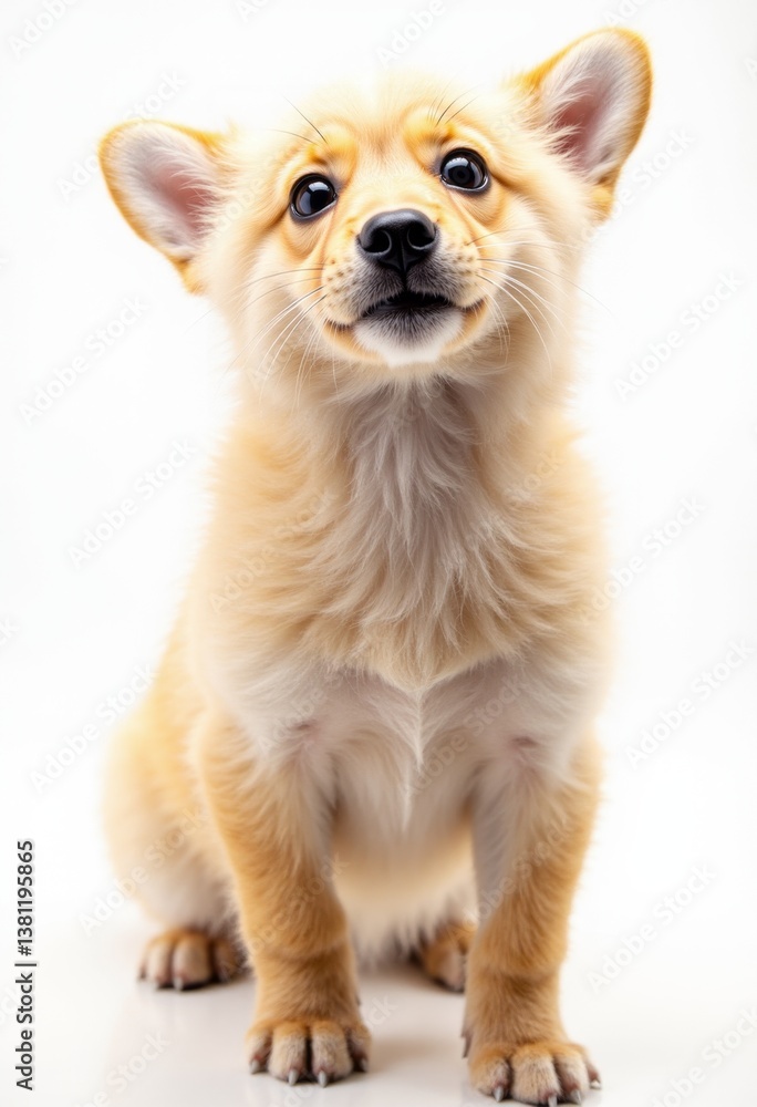 A small brown dog sitting on top of a white surface