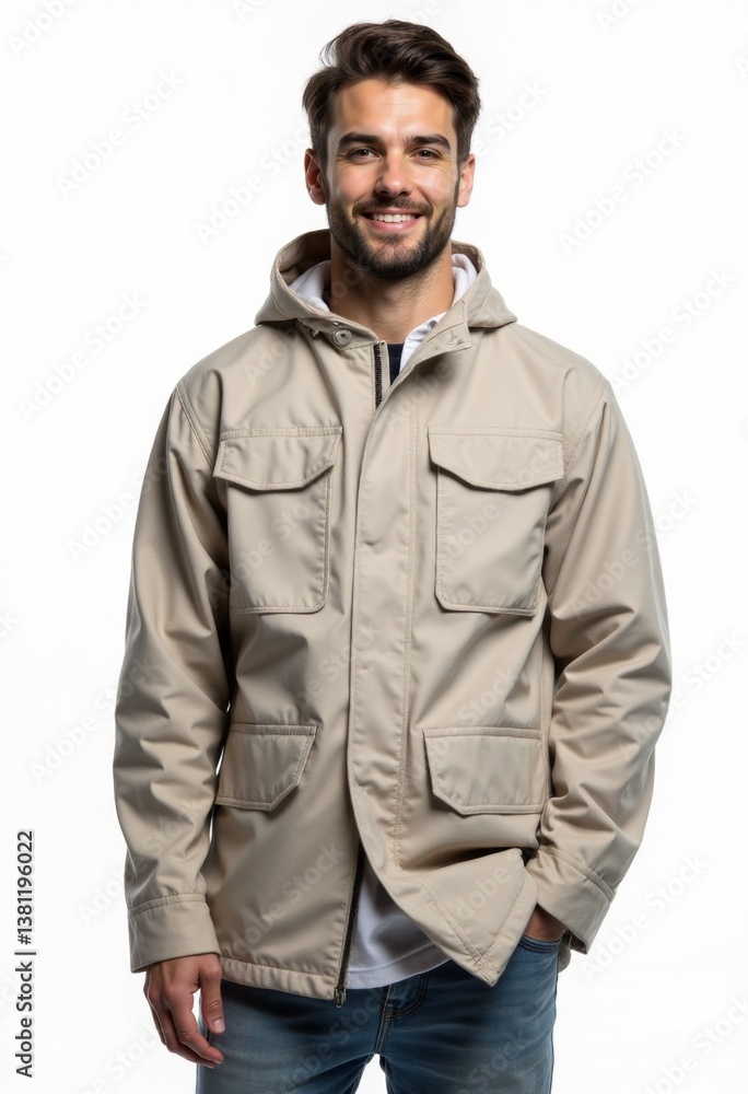 A man wearing a beige jacket with a hood