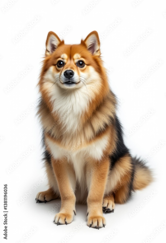 A brown and black dog sitting on a white background