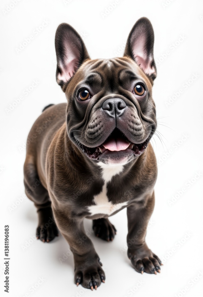 A small brown and white dog standing on a white surface