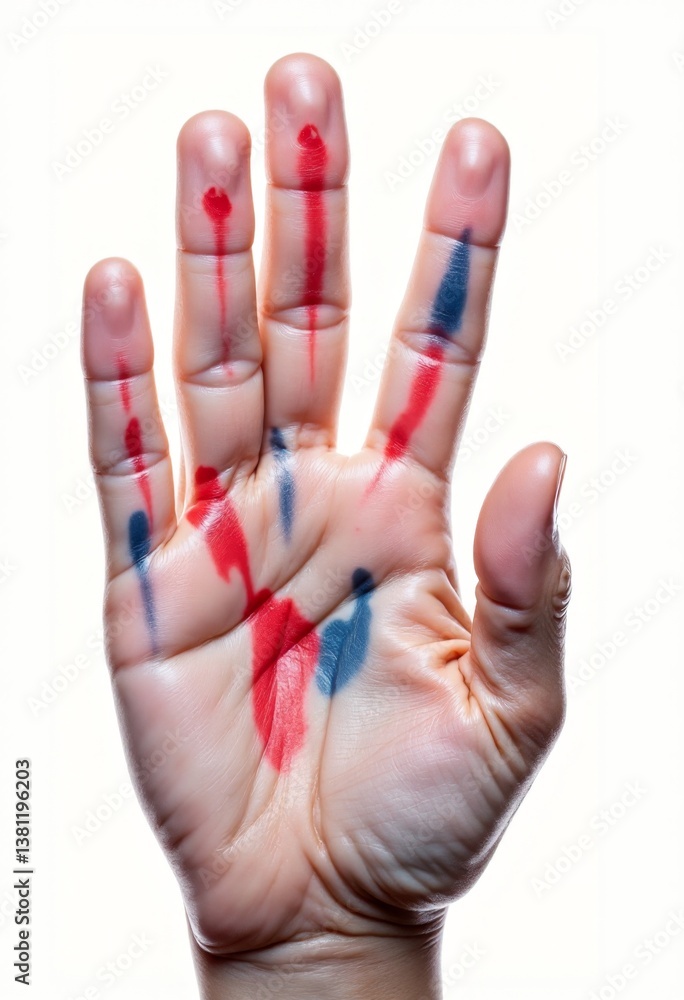 A person's hand with red, white and blue paint on it