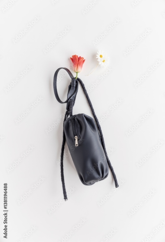 A small black bag with a flower on top of it