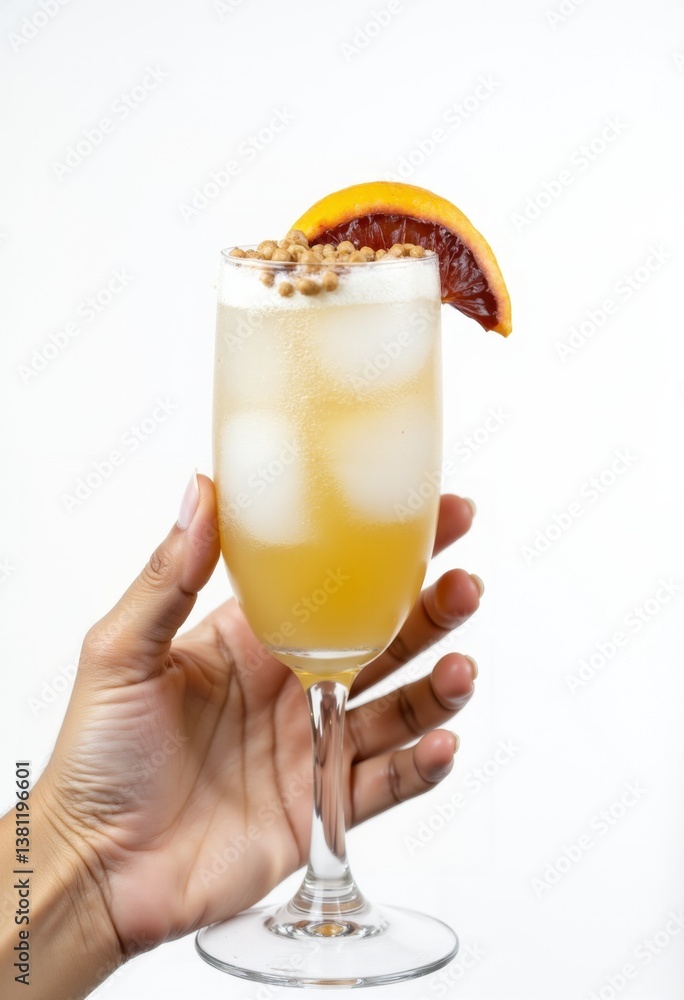 A hand holding a glass with a drink in it