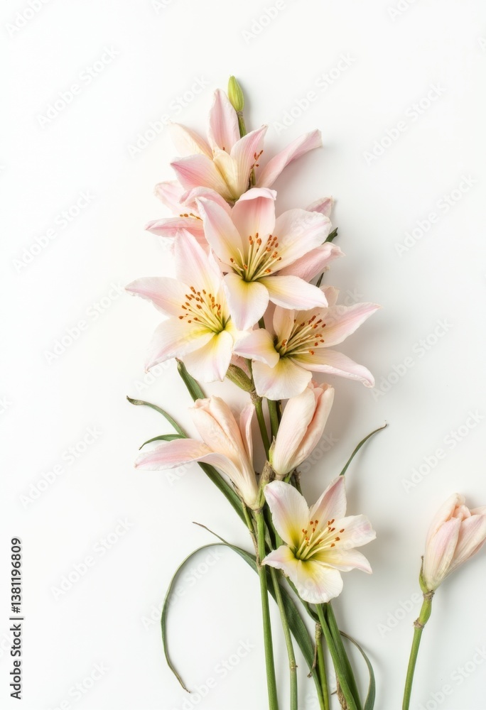 A bunch of pink and white flowers on a white background