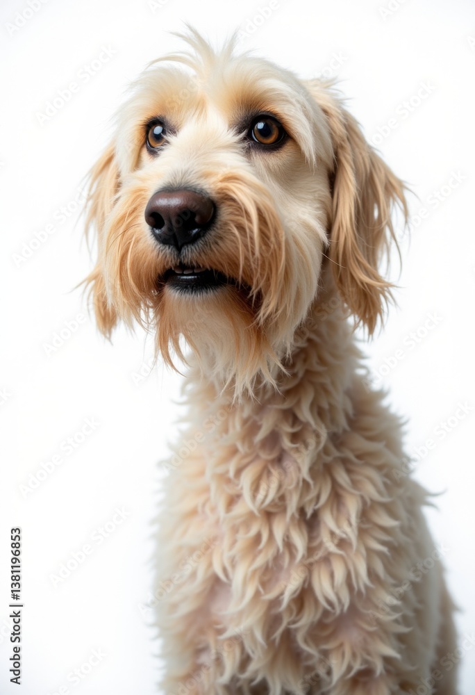 A brown dog sitting on top of a white surface