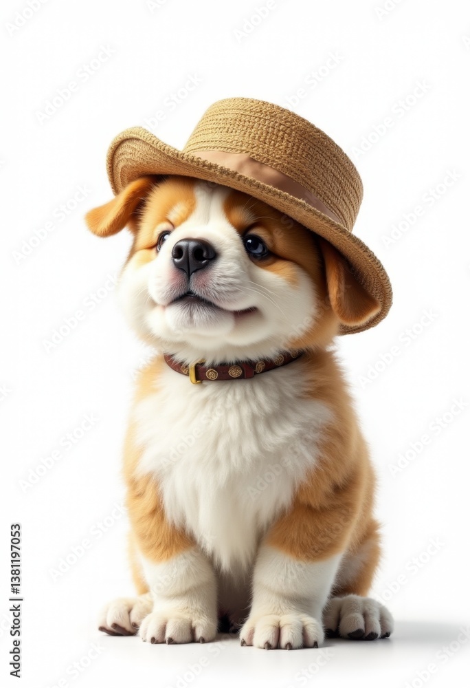 A small dog wearing a straw hat sitting on a white surface