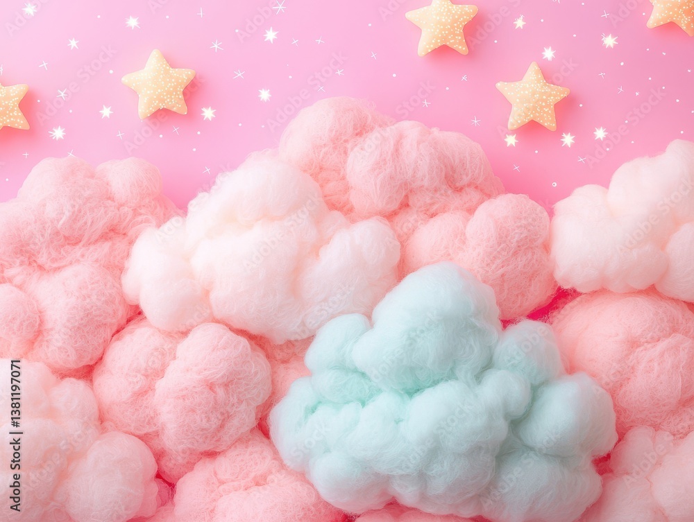 Fototapeta premium Soft, pastel-colored cotton candy clouds against a pink background, adorned with yellow star decorations, creating a whimsical and dreamy atmosphere.